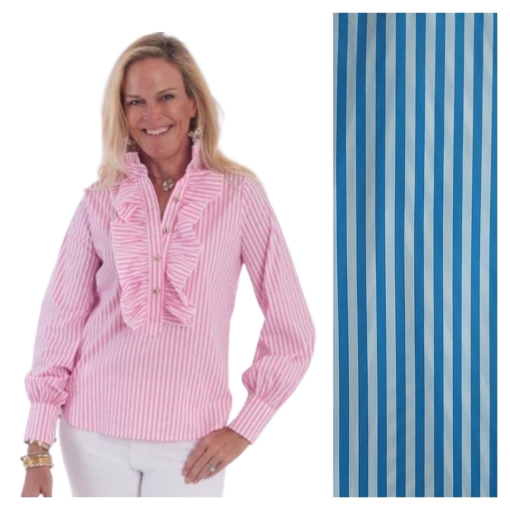 CK Bradley Striped Ruffle Top Shirt Blouse Size Small Preppy Old Money Classic